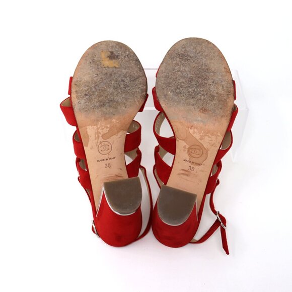 CHANEL 38 Red Suede Multi Strap CC Sandal High Heel Silver Logo & Trim - Picture 12 of 15